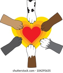 A central, radiating heart image, has dog paws placed upon it as a symbol of canine love and unity?