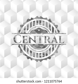 Central realistic grey emblem with geometric cube white background