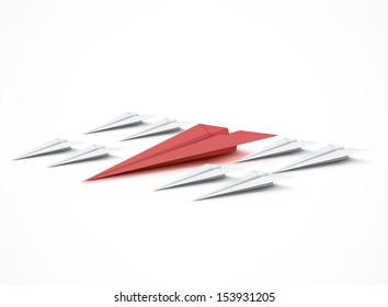 Central red paper plane among white. Vector