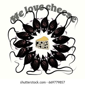 Central rounded image with mouses and cheese. We love cheese. Vector Illustration