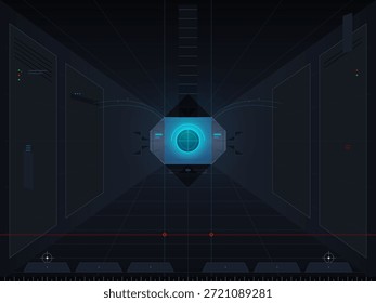 Una pantalla central muestra una pantalla circular rodeada de líneas y Formas en un entorno oscuro. Esta configuración enfatiza la tecnología y los temas digitales en el diseño.