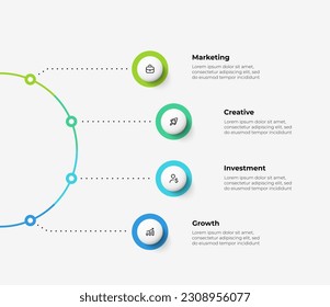 Central semicircle with dotted lines with 4 circles. Flow chart infographic slide. Concept of business project visualization with four options