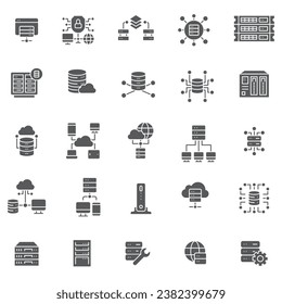 Conjunto de iconos del servidor central, signo de vector de glifo, pictograma de estilo lineal aislado en blanco. Símbolo, ilustración del logotipo. Píxel perfecto