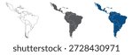 Central and South America Line Map Set with White Blue and Grey Color Variations. Map of South and Central American  in plain set.