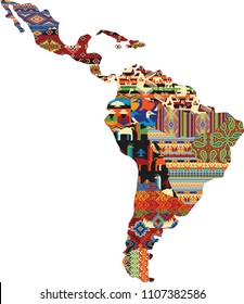 Central and south America patchwork map, native fabric pattern abstract vector wallpaper