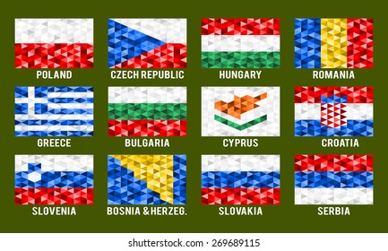 Central and South Europe low poly flags vector illustration