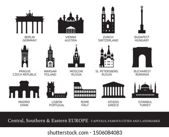 Central, Southern And Eastern Europe Cities Landmarks Silhouette, Capitals, Famous Place, Buildings, Travel And Tourist Attraction