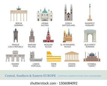 Central, Southern and Eastern Europe Cities Landmarks in Flat Style, Capitals, Famous Place, Buildings, Travel and Tourist Attraction