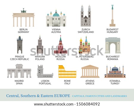 Central, Southern and Eastern Europe Cities Landmarks in Flat Style, Capitals, Famous Place, Buildings, Travel and Tourist Attraction