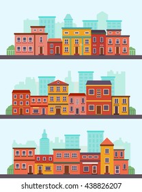 Central street. Flat design urban landscape with city houses. Vector eps 10 format