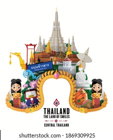 Central Thailand - The most beautiful places to visit in thailand with paper cut art and craft style on paper background.
(Thai Translation : Khaosan Road )