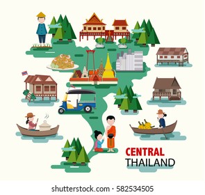 Central Thailand travel with their thai culture and identity, all in flat design, illustration, vector