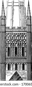 Central Tower, conference facility,  vintage engraving.