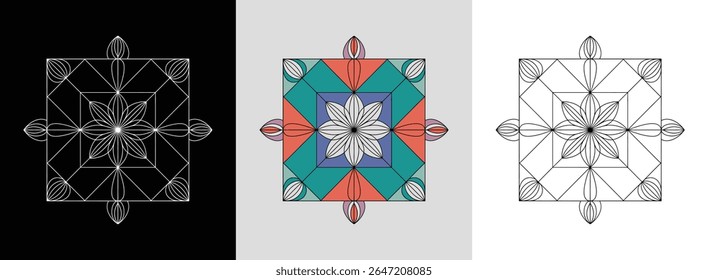 Central triangle mandala with overlapping squares and petal patterns for unique decor.