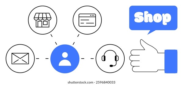 Central user icon connected to store, email, website, and customer service. Blue speech bubble with Shop and a thumbs-up icon. Ideal for e-commerce, customer service, multichannel marketing, online