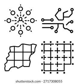 Concentrador de red social de usuario central, circuito integrado de microchip, cuadrícula Abstractas de mapas y conjunto de iconos de esquema de diseño técnico