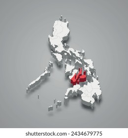 Región central de Visayas resaltada en rojo en un mapa 3d gris de Filipinas