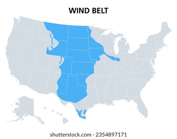 Central Wind Belt of the United States, political map. Areas with high wind speeds in 80 meters (260 feet) height, suitable to build new wind turbines and to generate more energy.