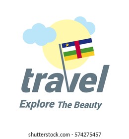 Central-African-Republic Travel Country Flag Logo. Explore the The Beauty lettering with Sun and Clouds and creative waving flag. travel company logo design - vector illustration