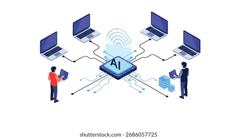 Sistema centralizado de processamento e distribuição de inteligência artificial com notebooks e usuários conectados.