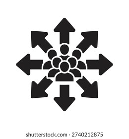 Centralized distribution icon showing gear wheel with arrows pointing outward representing system process dissemination management flow