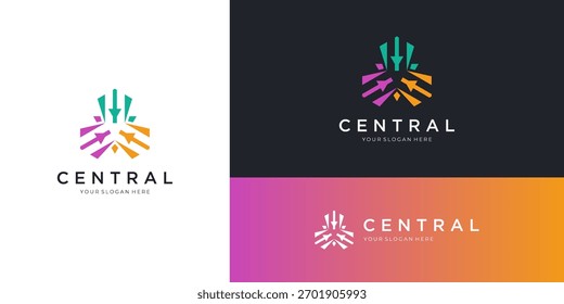 Flechas de finanzas centralizadas de mover tres direcciones. Plantilla abstracta del icono del diseño del logotipo del Vector.	
