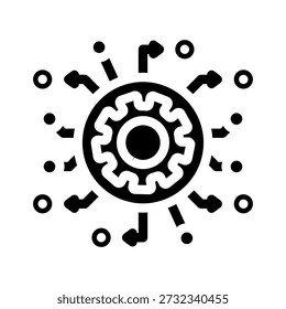 Centralized gear icon distributing outgoing and incoming arrows, representing a hub for processing information, managing networks, and directing system solutions