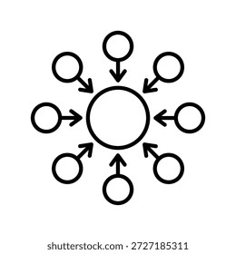 Icono centralizado que muestra flechas que apuntan hacia un punto central, que representan el flujo direccional y la conectividad en un diseño simétrico.