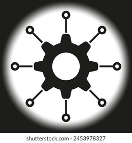 Centralized network gear icon. Hub and spoke model symbol. Connectivity technology emblem. System integration graphic. Vector illustration. EPS 10.