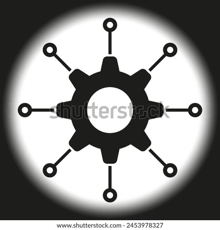 Centralized network gear icon. Hub and spoke model symbol. Connectivity technology emblem. System integration graphic. Vector illustration. EPS 10.