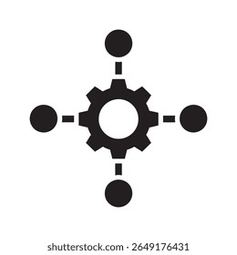 Ícone de sistema centralizado com conexões de engrenagem e rede um símbolo para um modelo de hub e spoke de distribuição e gerenciamento de dados grande vetor ícone de glifo sólido