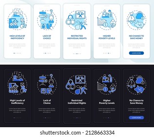 Centrally planned ES cons night, day mode onboarding mobile app screen. Walkthrough 5 steps graphic instructions pages with linear concepts. UI, UX, GUI template. Myriad Pro-Bold, Regular fonts used