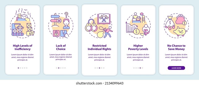 Centrally planned ES disadvantages onboarding mobile app screen. Walkthrough 5 steps graphic instructions pages with linear concepts. UI, UX, GUI template. Myriad Pro-Bold, Regular fonts used