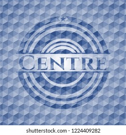 Centre blue emblem or badge with abstract geometric polygonal pattern background.