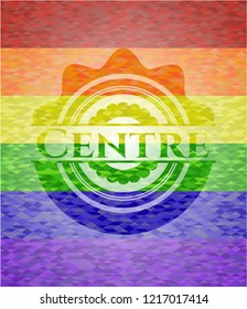 Centre on mosaic background with the colors of the LGBT flag