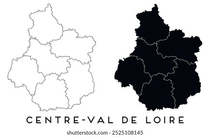 Mapa do centro Val de Loire de regiões distritos vetor preto sobre branco e contorno