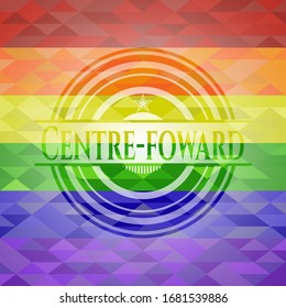 Centre-foward on mosaic background with the colors of the LGBT flag