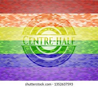 Centre-half emblem on mosaic background with the colors of the LGBT flag