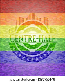 Centre-half emblem on mosaic background with the colors of the LGBT flag