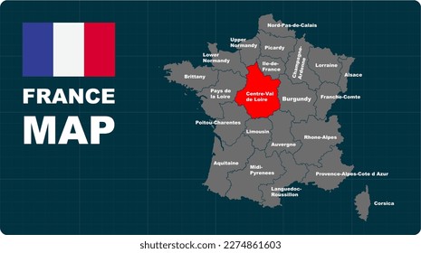 Centre-Val de Loire Map, Centre-Val de Loire red highlighted in 🇫🇷 FANCE 🇫🇷 map, flat design illustration vector