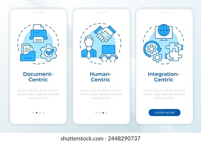 Centric BPM systems blue onboarding mobile app screen. Walkthrough 5 steps editable graphic instructions with linear concepts. UI, UX, GUI template. Montserrat SemiBold, Regular fonts used