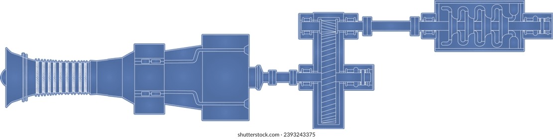 Compresor centrífugo, caja de cambios y planos de la turbina de gas aeroderivado que muestran acoplamientos, cojinetes de bancada, engranajes helicoidales únicos, imanes y rodamientos de empuje