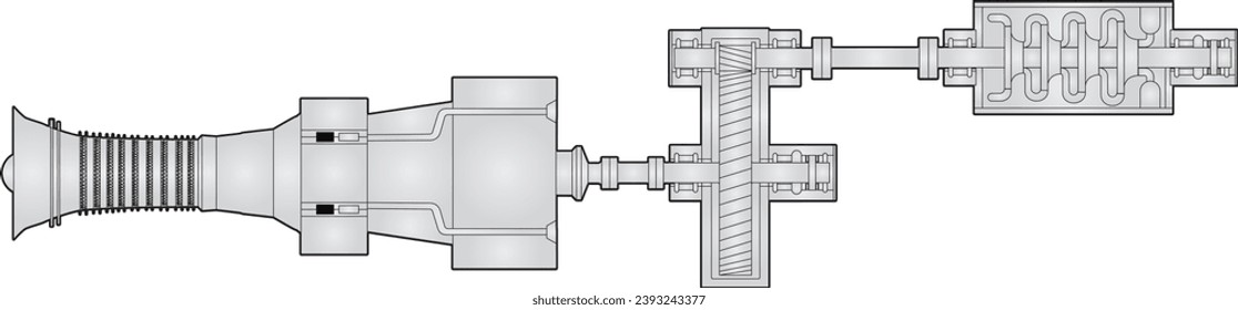 Centrifugal compressor, gearbox, and aeroderivative gas turbine turbomachinery drawing showing couplings, journal bearings, single helical gears, impellers, and thrust bearings