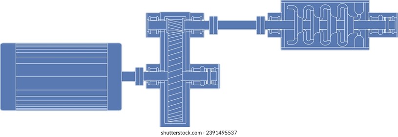 Compresor centrífugo, caja de cambios y dibujo vectorial del motor de inducción que muestra acoplamientos, cojinetes de bancada, engranajes helicoidales únicos, impulsores y rodamientos de empuje