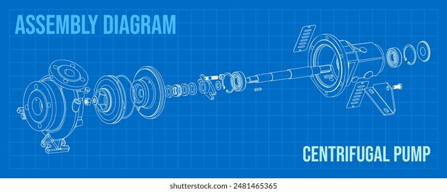 Centrifugal pump blueprint exploded view. Technical drawing