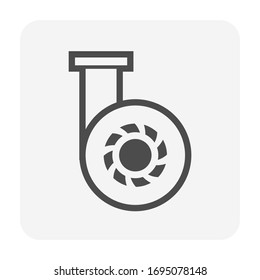 Centrifugal pump and pipe vector icon. Powered by electric motor or engine. For transportation fluid in industry, water supply infrastructure, wastewater treatment, cooling, plumbing and irrigation.