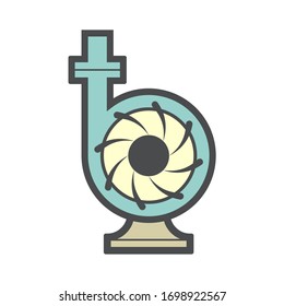 Centrifugal pump and pipe vector icon. Powered by electric motor or engine. For transportation fluid in industry, water supply infrastructure, wastewater treatment, cooling, plumbing and irrigation.