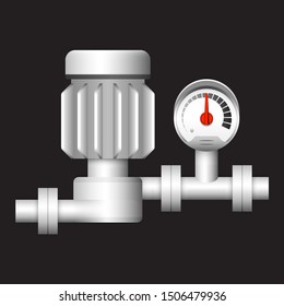 Centrifugal pump powered by electric motor vector icon. Include pressure gauge or manometer. For control water and pressure in industrial, water supply, treatment, cooling, plumbing and irrigation.