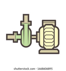 Centrifugal pump and steel pipe vector icon. Powered by electric motor. For transport fluid in industry, water supply infrastructure, waste water treatment, water cooling, plumbing and irrigation etc.