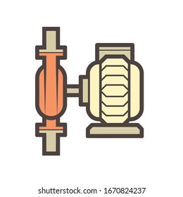 Centrifugal pump and steel pipe vector icon. Powered by electric motor. For transport fluid in industry, water supply infrastructure, waste water treatment, water cooling, plumbing and irrigation etc.